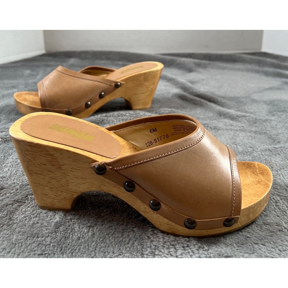 Vintage Y2K 90s Bongo Wooden Clogs 6 Tan Studded Leather Chunky Heels Sandal